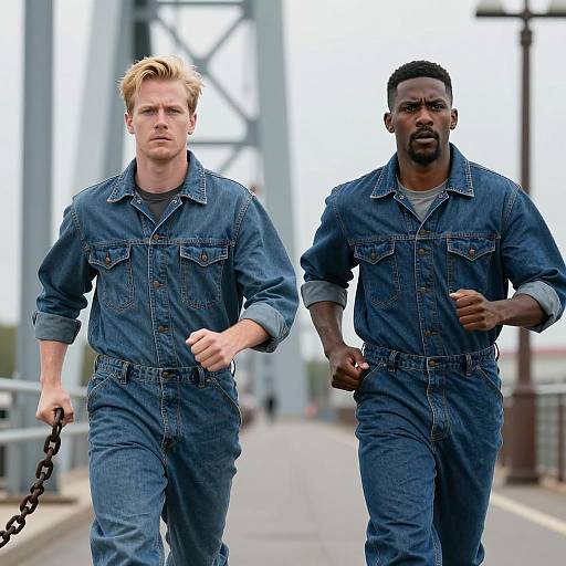 Dynamic Duo Sprinting in Denim Overalls