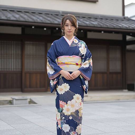Photograph of a young Japanese woman in a blue floral kimono with a pink and orange obi, standing in front of a traditional wooden building.