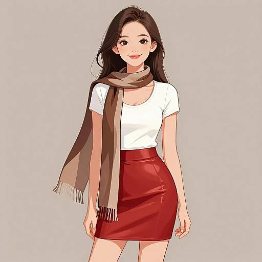 Smiling Woman in Satin Red Skirt