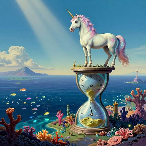 Digital artwork of a white unicorn with pink mane standing on an hourglass clock, set on an oceanic island with colorful coral reefs and a clear blue