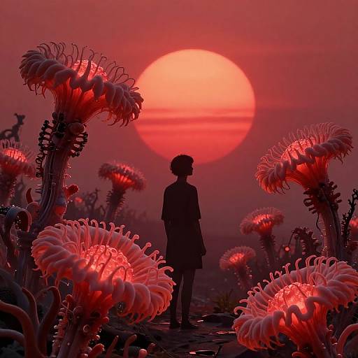 Silhouetted child stands in vibrant, glowing red flower field at sunset, large red sun in the background. Digital art.