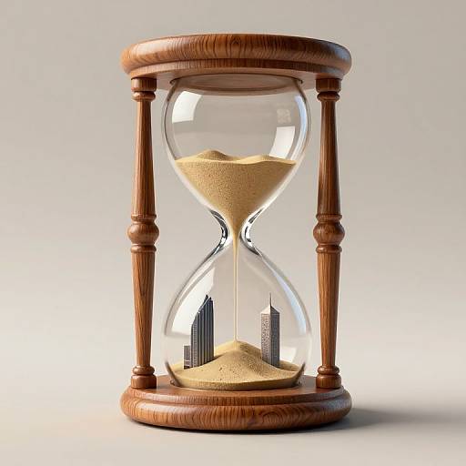 Photograph of a wooden hourglass with clear glass bulbs, showing sand flowing, reflecting a cityscape inside the lower bulb.