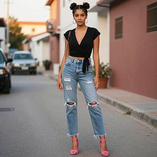 Photograph of a confident Black woman with double buns, wearing a black V-neck top, ripped blue jeans, and pink heels, walking down a