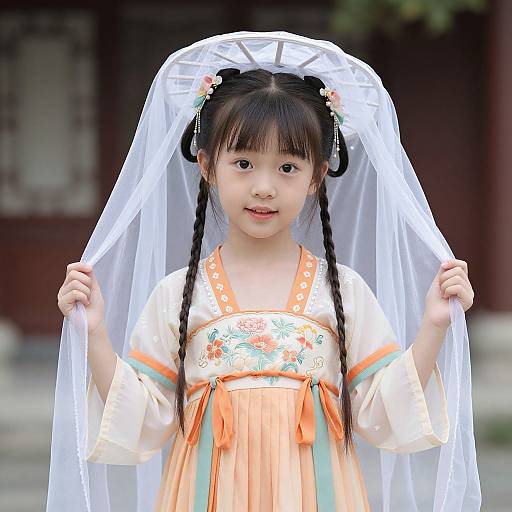 Photograph of an Asian girl with black braided hair, wearing a traditional white and orange floral dress, holding a sheer white veil over her head,