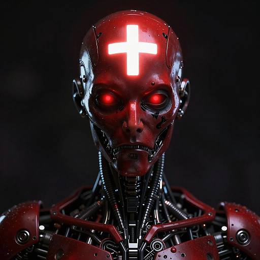 Photorealistic CGI of a metallic, red-lit android with glowing red eyes and a white cross on its forehead, set against a dark background.