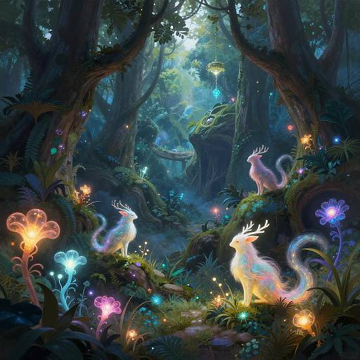Fantastical forest scene with glowing mushrooms, ethereal white deer with antlers, and luminescent fireflies, illuminated by soft blue moonlight