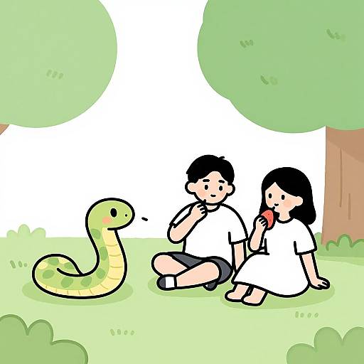 Digital drawing of a black-haired boy and girl in white clothes sitting on grass, eating popsicles, beside a green snake under two trees.