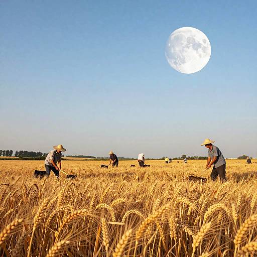 Photograph of farmers harvesting golden wheat under a bright full moon in a clear blue sky, with distant trees on the horizon.