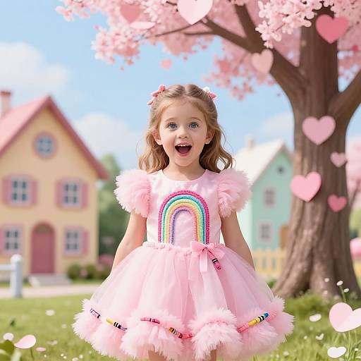 Photograph of a smiling young girl with light brown hair in a pink rainbow dress with fluffy sleeves, standing in front of cherry blossom tree, colorful houses