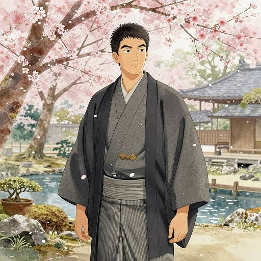 Anime-style drawing of a young man in a black and gray kimono standing under cherry blossoms, with a traditional Japanese garden and pond in the background