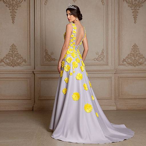 Photograph of a woman in a backless, white satin gown adorned with yellow floral patterns, wearing a silver tiara, standing in an ornate