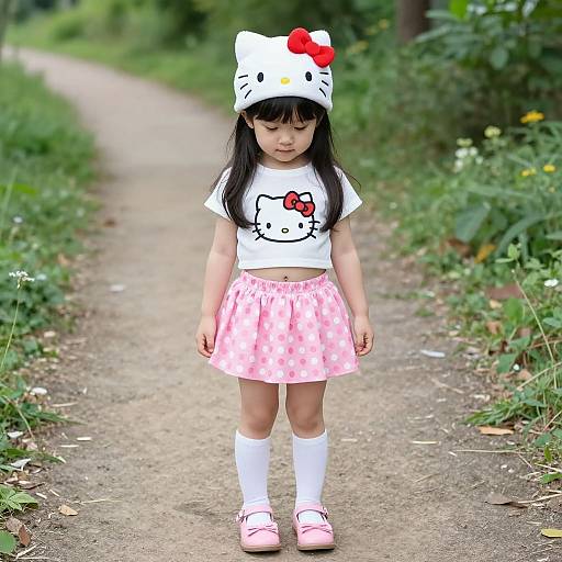 Photograph of a young Asian girl in a Hello Kitty outfit, standing on a grassy path, wearing a white hat with a red bow, white