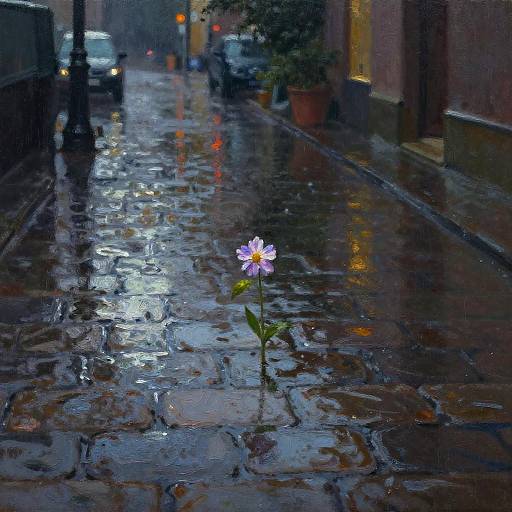 Rainy Night Flower on Cobblestones