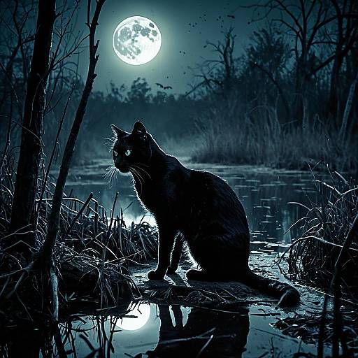 Moonlit Swamp Ghostly Black Cat