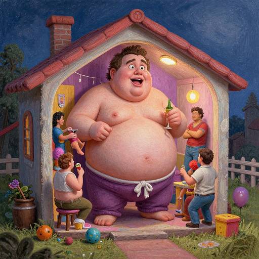 Digital cartoon of a large, happy, shirtless man in purple shorts, holding a drink, hosting a nighttime backyard party under a small, lit wooden