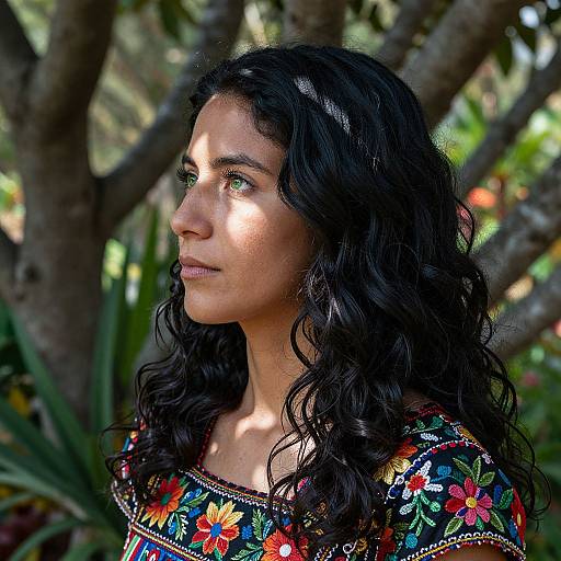 Photograph of a South Asian woman with long, wavy black hair, wearing a colorful, floral embroidered top, looking to the side in a sun