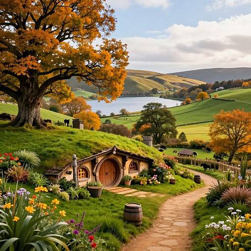 Photograph of a picturesque, autumnal hobbit village with colorful flowers, a wooden arched bridge, rolling green hills, and a serene lake in