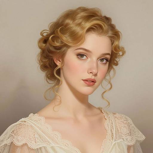 Digital portrait of a fair-skinned woman with wavy, golden-brown hair, wearing a lace-trimmed, white, V-neck garment,