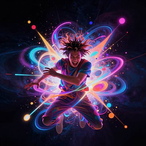 Digital artwork of a spiky-haired, energetic male character in mid-air, surrounded by vibrant neon blue, pink, and orange light trails, set against