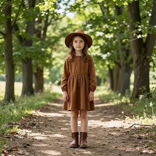 Photograph of a young girl with brown dress, wide-brimmed hat, and brown boots standing on a sunlit forest path.