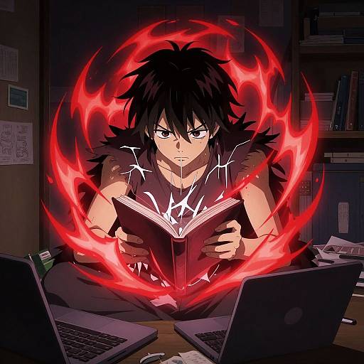 Digital anime artwork of a black-haired, intense-eyed boy with red, magical energy circling him while reading a book at a cluttered desk with laptops