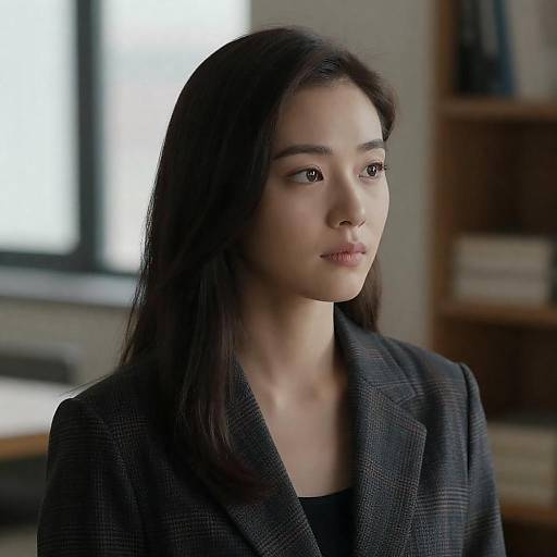 Photograph of an Asian woman with long black hair, wearing a dark gray textured blazer, looking slightly to the right, in a softly lit indoor