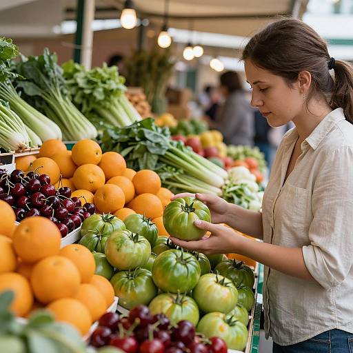 Photograph of a young woman with brown hair in a white blouse, selecting green tomatoes at a colorful market stall with oranges, cherries, and leaf