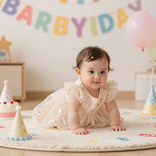 Photograph of a smiling baby with dark hair, wearing a white, polka-dotted dress, crawling on a colorful rug in a bright room with