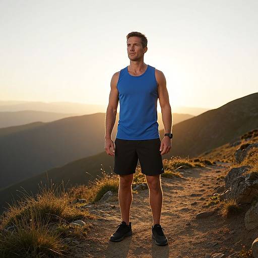 Photograph of a muscular man in a blue tank top, black shorts, and black sneakers standing on a mountain trail at sunset.