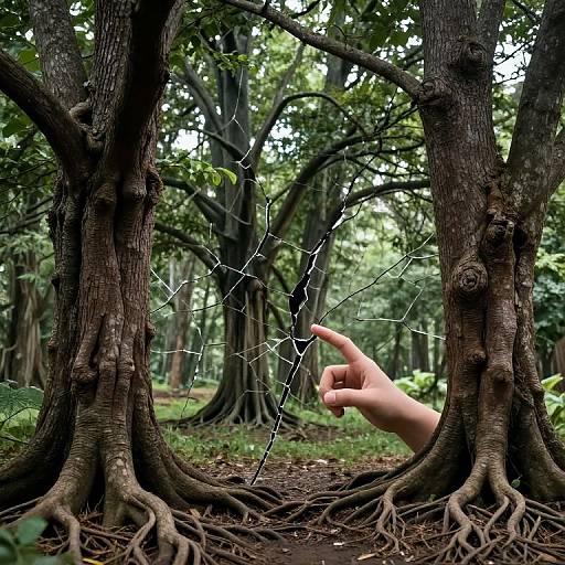 Photograph of a forest with two large, gnarled trees framing a hand weaving a spider's web between them. Sunlight filters through dense green