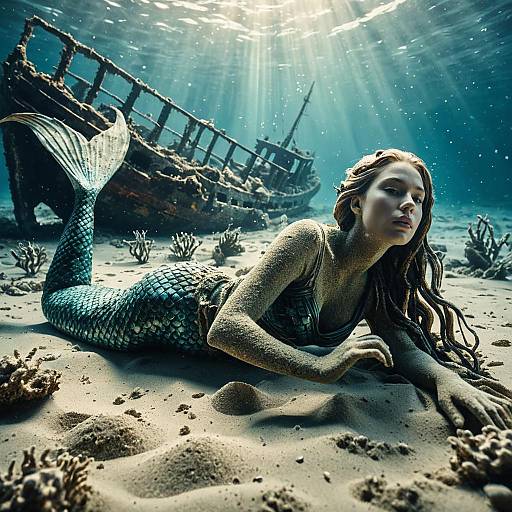 Mermaid by Sunken Shipwreck Underwater