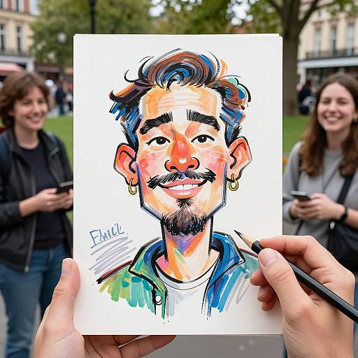 Photograph of a colorful, sketch-style portrait of a smiling man with blue highlights, mustache, and earrings, held by hands in front of two