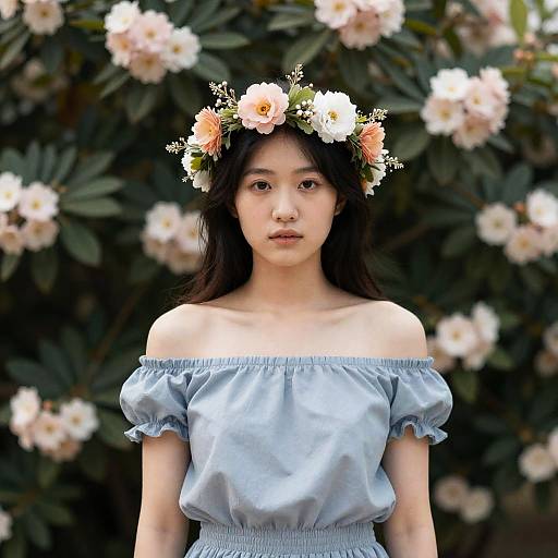 Woman with Floral Crown and Shoulder Top