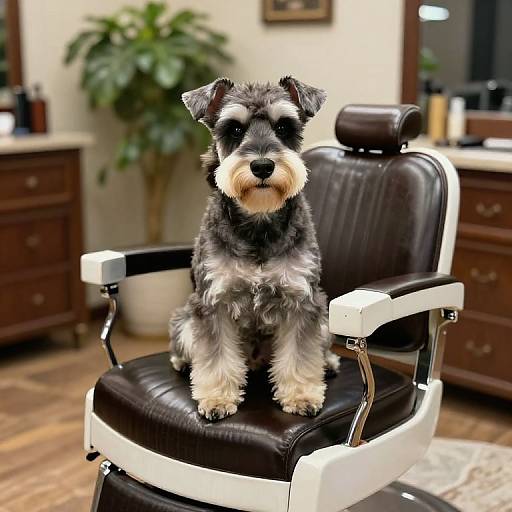 Photograph of a cute, small, black and white terrier dog sitting on a black and white leather barber chair in a cozy, wooden-furnished