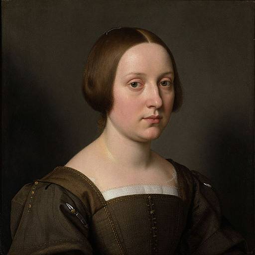 17th-century portrait of a pale-skinned woman with brown bobbed hair, wearing a dark brown dress with white trim, against a black background.