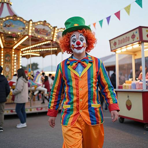 Colorful clown in vibrant striped suit and green hat, white face paint with red nose, stands at lively carnival. Photograph.