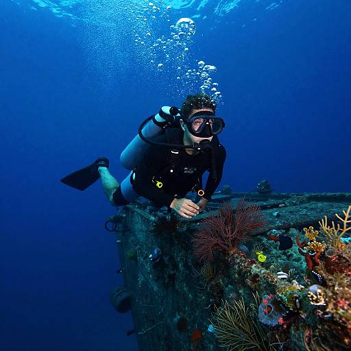 Photograph of a scuba diver in black gear, mask, and fins, exploring a vibrant underwater coral reef against a deep blue ocean background.