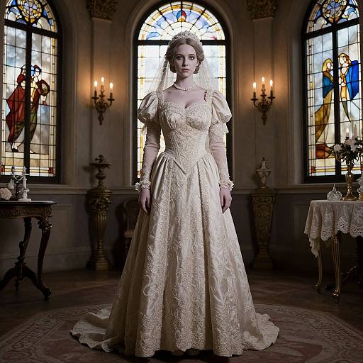 Photograph of a fair-skinned, blue-eyed woman in an ornate, Victorian-style ivory wedding gown with puffed sleeves, standing in a dim