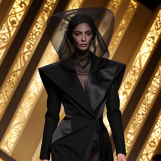 Photograph of a model in a dramatic black, textured, wide-shoulder suit with a large, intricate, mesh headpiece, set against a