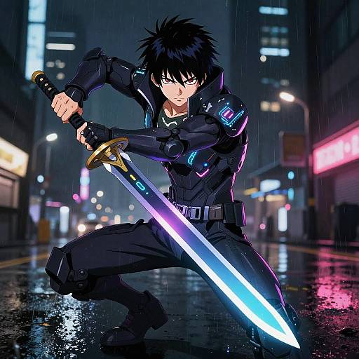 Digital anime-style illustration of a dark-haired, black-clad male warrior with glowing blue sword, crouching in a rainy, neon-lit urban