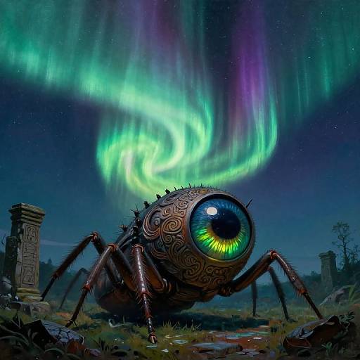 Digital art of a large, detailed spider-like creature with a glowing, rainbow-eyed orb, standing under vibrant green and purple Northern Lights in a dark,