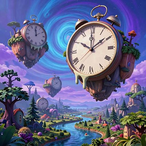 Fantasy digital artwork of floating, oversized clockfaces with glowing blue swirls, set over a vibrant, whimsical landscape with lush trees, colorful houses