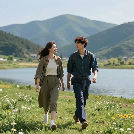 Happy Samurai Couple by Lake