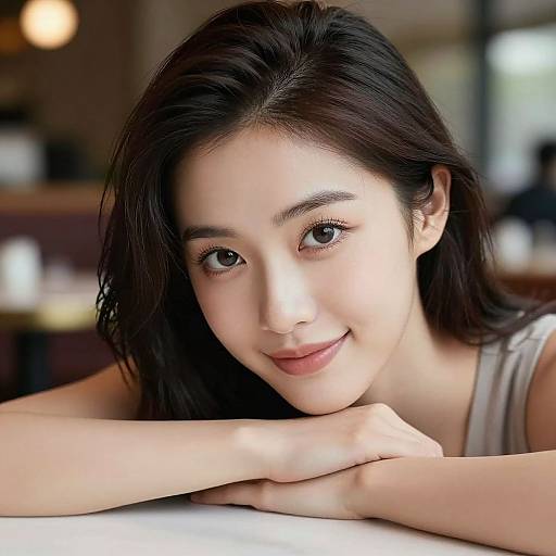 Photograph of a young Asian woman with straight black hair, light skin, and soft smile, resting her chin on her hands in a softly lit,