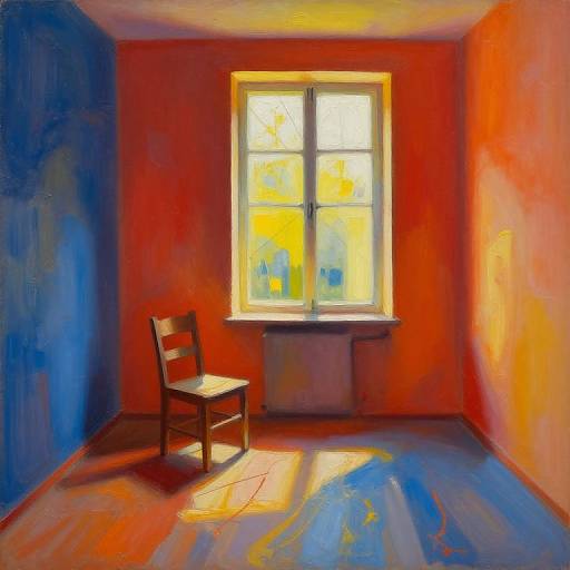Bright, impressionistic painting of a sunlit room with a single wooden chair, orange-red walls, blue shadows, and a window with yellow light.