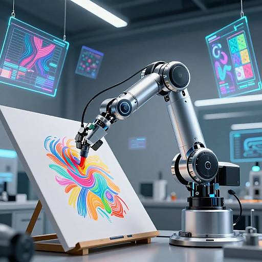 Photograph of a robotic arm painting a vibrant, abstract, multicolored swirl on white paper in a modern, illuminated studio.