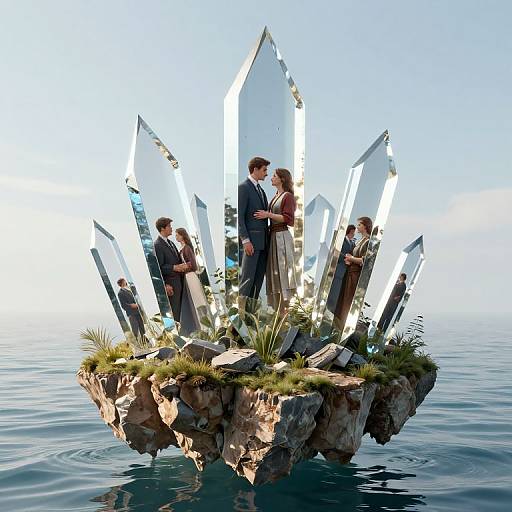 Surreal Floating Island with Mirrored Shards