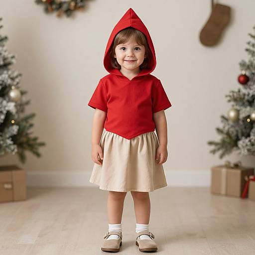Photograph of a smiling toddler in a red hooded shirt, beige skirt, white socks, and beige shoes, standing in a Christmas-decorated