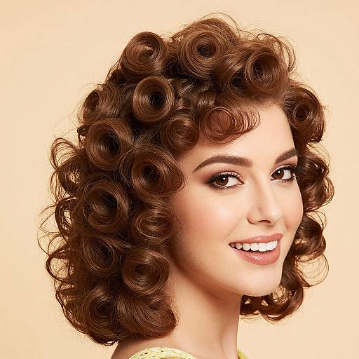 Photograph of a smiling woman with voluminous, dark brown, curly hair against a pale yellow background, showcasing retro-inspired hairstyle.