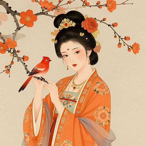 Digital illustration of a Japanese woman in an orange floral kimono with a red bird perched on her hand, surrounded by cherry blossoms.